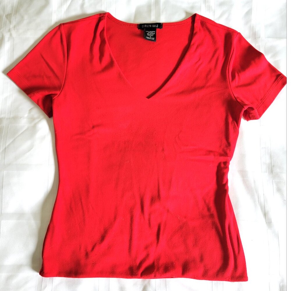 5/$15 SALE! Carilyn Vaile Red V-Neck Short Sleeve Shirt Top Vintage USA Sz Small